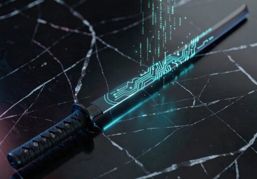 Futuristic neon glowing katana sword on dark marble background