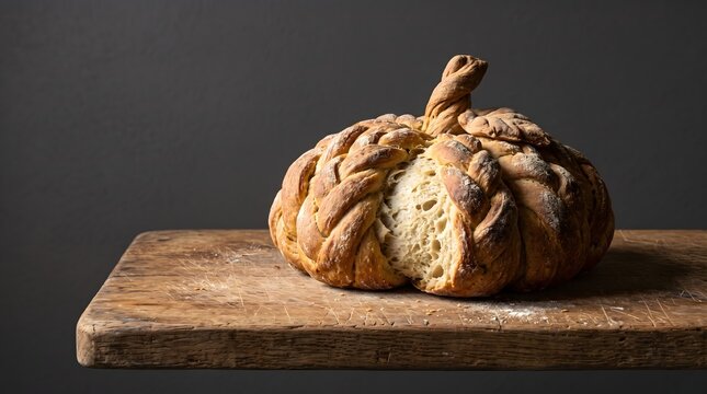 Artisan pumpkin shaped braided bread loaf on rustic wooden board with copy space for autumn harvest and thanksgiving celebration
