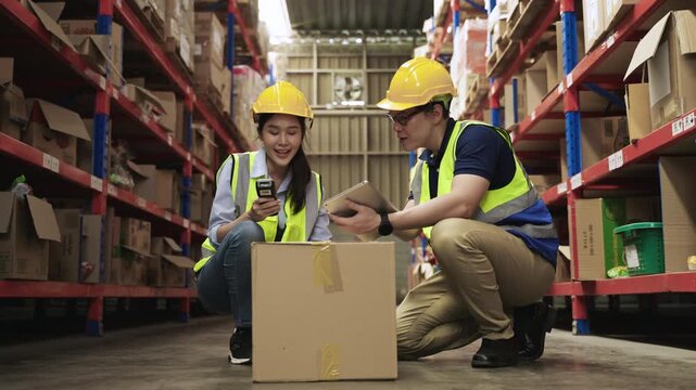 Team of Asian warehouse workers wearing yellow safety helmets holding and using a tablet and a barcode scanner to check inventory stock on shelves together in a logistics distribution factory center. 