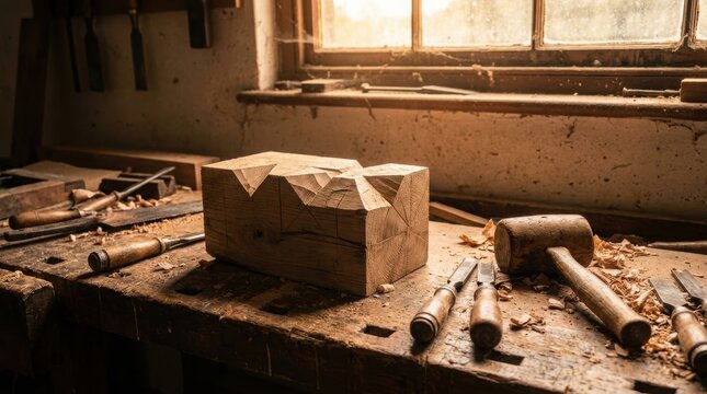 Carved wooden block with geometric patterns on workbench in joinery workshop. Vintage chisels and mallet lie nearby in warm sunlight by dusty window.