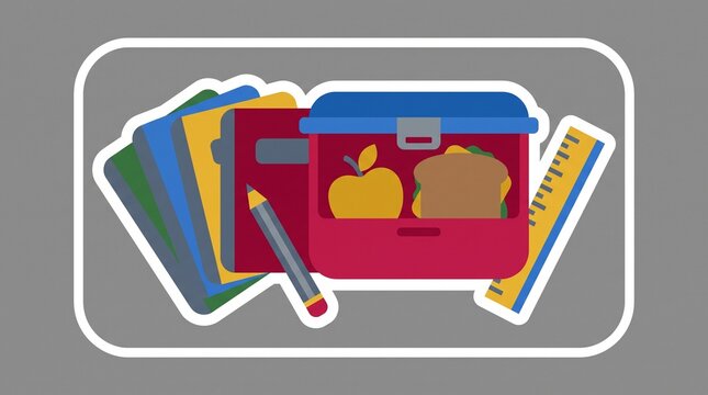 School lunch box illustration with healthy sandwich and apple, colorful notebooks, pencil and ruler on gray background, flat vector style educational graphic