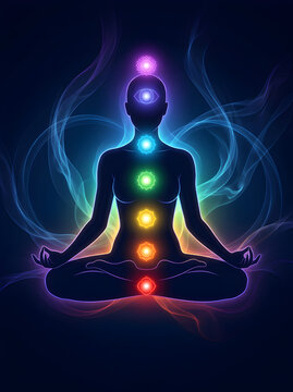 Meditating person silhouette with glowing multi colored chakras and energy aura