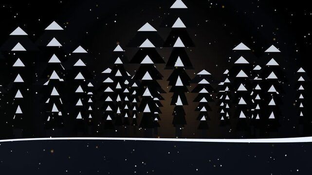 Abstract minimalist winter forest landscape with stylized geometric pine trees at night