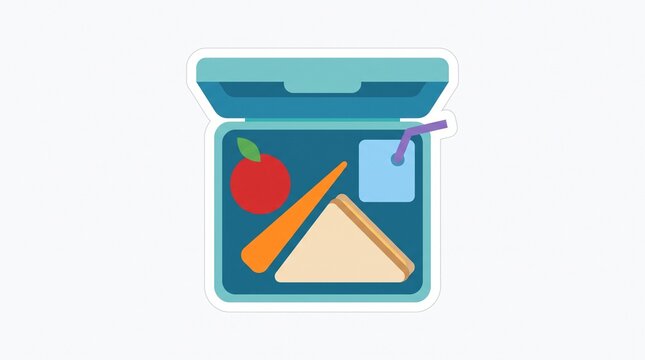 Lunch box sticker illustration, healthy school meal with sandwich apple and juice box, flat vector icon isolated on white background, colorful educational graphic