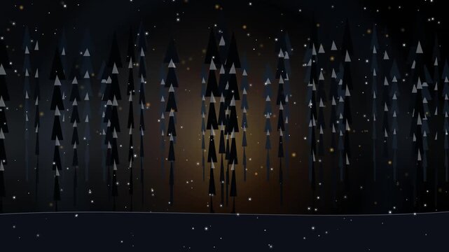 Abstract stylized forest with geometric pine trees at night with glowing particles
