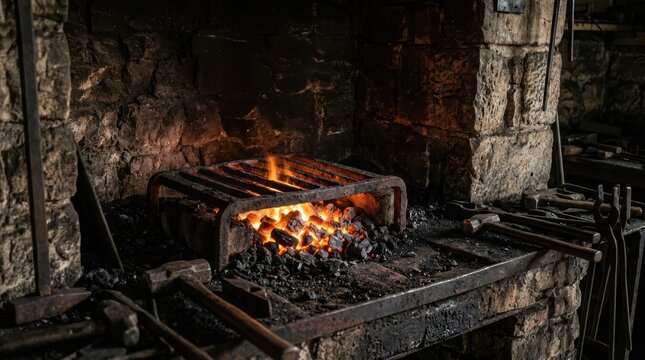 Glowing hot coals burning in old blacksmith forge. Rusty hammer and metal tools lie on stone workbench in dark workshop. Traditional craftsmanship and forging industry concept.
