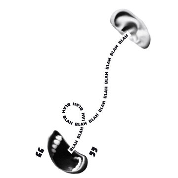 A conceptual black and white graphic illustration featuring lips and the word blah repeated in a flowing line isolated on transparent background