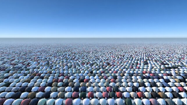 Large Congregation Performing Prayer in Synchrony Under a Clear Blue Sky