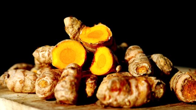 Pile of fresh turmeric roots with one cut to reveal vibrant orange flesh, natural light