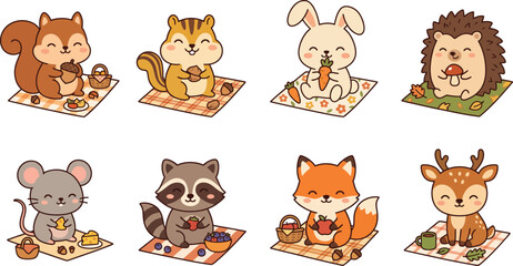 Obraz premium Cute woodland animals eating picnic food vector set
