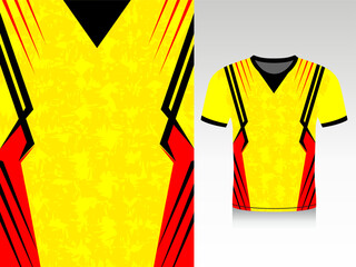 Vibrant yellow and red sports jersey template with bold black geometric V shapes vector © MdRezabul
