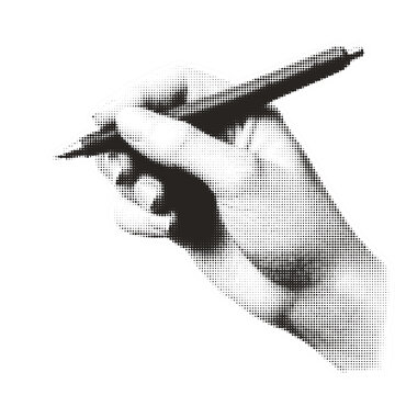 A vintage halftone style illustration of a hand holding a pen to write or draw isolated on transparent background