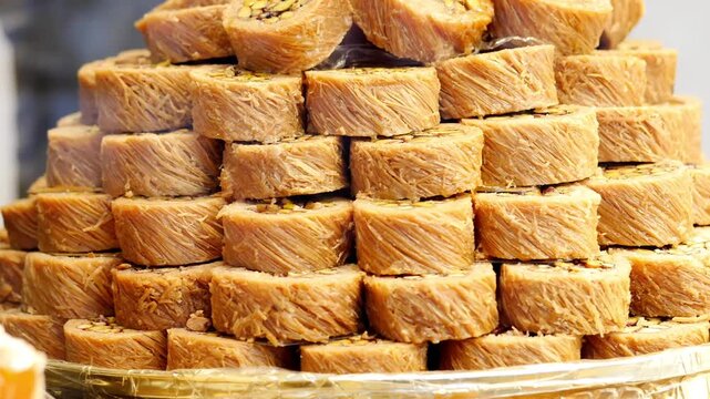 Close up cinematic footage of traditional middle eastern dessert baklava with pistachios stacked in pyramid shape