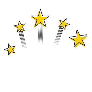A hand drawn illustration of five yellow stars with motion lines representing dizziness or impact isolated on transparent background