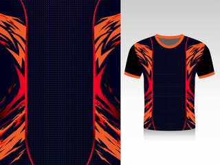 Black sports jersey design with fiery orange and red dynamic lines sublimation template vector © MdRezabul