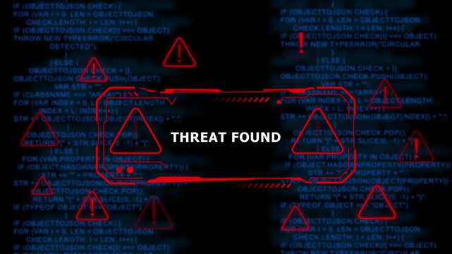 Cyber security alert system displaying threat found warning message with red warning triangles and scrolling programming code background, for digital network, protection and information technology