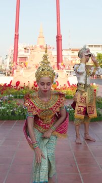 Traditional Thai Khon Performance with Dancers in Ornate Costumes in Bangkok