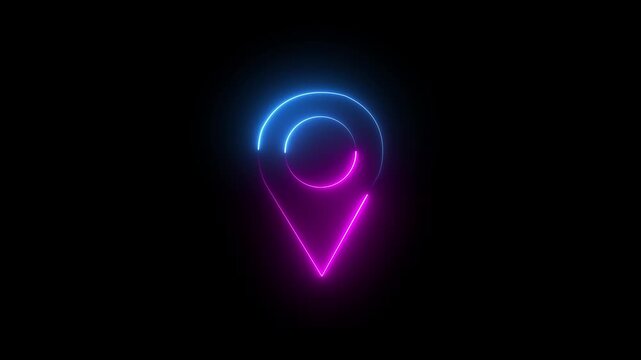 Glowing red neon map pin location icon isolated on black background animation.