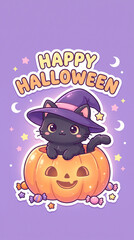 Fototapeta premium Cute kawaii black cat wearing witch hat inside jack o lantern pumpkin with Happy Halloween typography on purple story background.