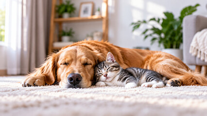 Plakat Golden retriever and kitten sleeping together in cozy home
