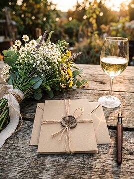 Rustic kraft paper wedding invitation tied with twine and a wax seal placed on a wooden table beside wildflowers and a glass of champagne.