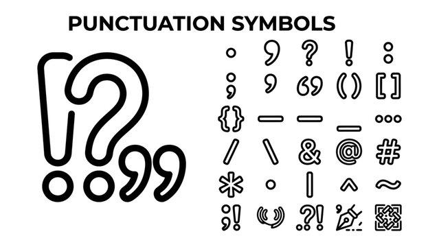 Punctuation Symbols Collection: A comprehensive set of punctuation marks and symbols used in writing, presented in a clean and modern line art style.