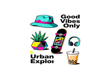 Bucket hat skateboard succulent plant bubble tea urban lifestyle © zonared