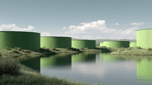 Green Algae Biofuel Production Tanks Lined Up Outdoors by Water