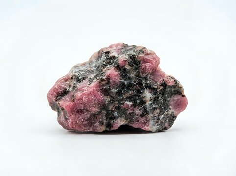 Raw tourmaline mineral specimen with pink and black crystal formations on white background for geology and gemstone education