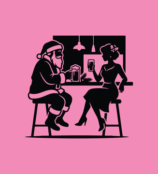 An illustration of Santa Claus and Mrs. Claus enjoying a glass of beer at a bar after a long day of delivering Christmas gifts Adobe Illustrator Artwork