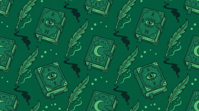 Seamless pattern of magical spell books and floating feather quills.