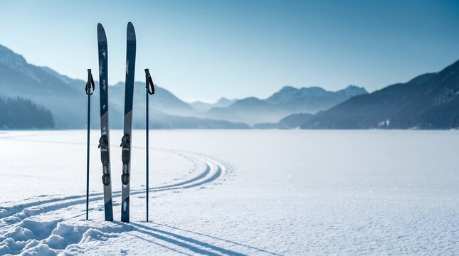 Minimalist Outdoor Ski Equipment Standing In Snowy Alpine Mountain Landscape Sports