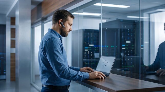 Professional technician with headset works on laptop in server room while monitoring system.
