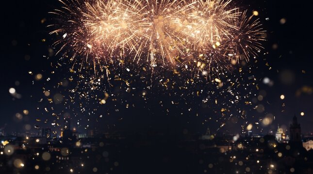 Spectacular new year's eve fireworks illuminate the night sky above a bustling cityscape full of hope