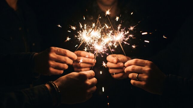 A celebratory moment captured as hands raise a sparkling bottle of champagne to welcome the new year