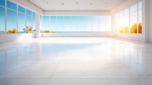 Spacious modern lobby with large panoramic windows overlooking the ocean