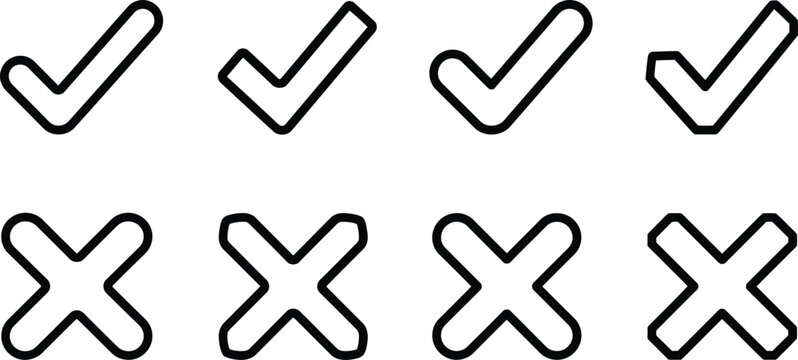Set of eight check mark and cross mark symbols in a clean outline style with selection tool bullet point validation