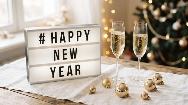 Celebrating the arrival of a fresh start with champagne lights and joyful new year wishes