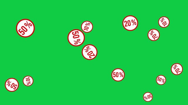 Discount Percentage Tags Falling on Green Screen  Animation,Chroma Key Sale and Offer Price Badges  for Shopping & Promotion Videos isolated social media motion design element