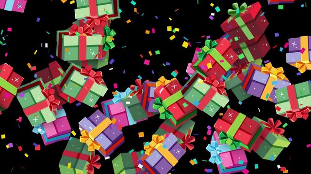 Colorful Wrapped Gift Boxes and Confetti Falling on Black Background