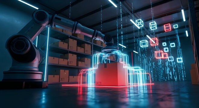 Industrial robotic arm working in a futuristic warehouse with glowing neon lights and digital data visualization