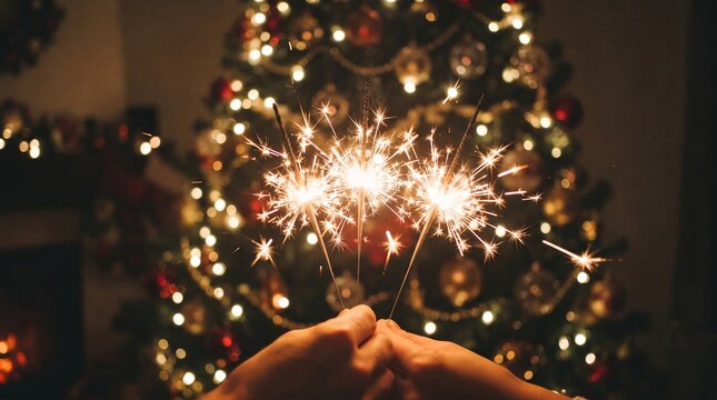 A vibrant and joyful new year celebration with sparkling lights and a beautifully decorated christmas tree