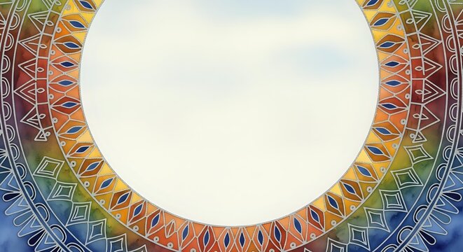 Symmetrical mandala pattern with geometric tribal design in warm orange and cool blue gradient tones