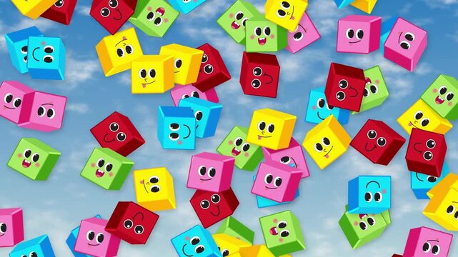 Colorful Cartoon Character Cubes Falling Against a Blue Sky Background