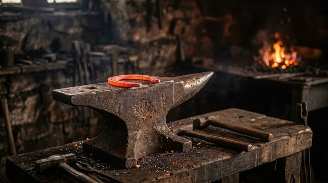 Glowing hot horseshoe on anvil in blacksmith forge. Red heated metal rests on heavy iron anvil with sparks flying, old workshop and burning fire in background.