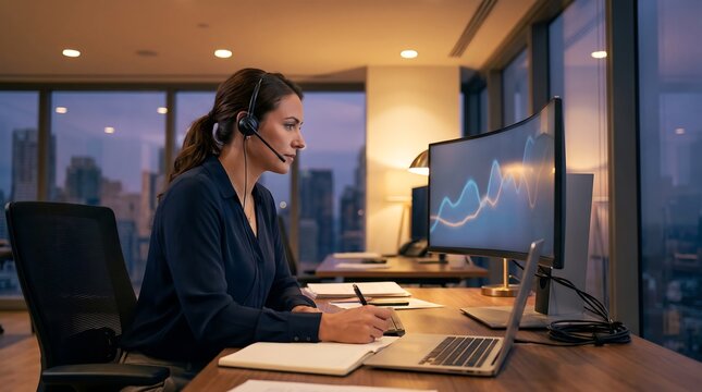 Corporate female analyst wears headset tracking stock market charts on large desktop monitor.