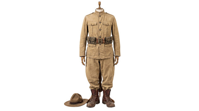 Vintage military uniform on mannequin, antique army infantry suit with campaign hat and leather boots, historical soldier attire isolated PNG with Transparent Background