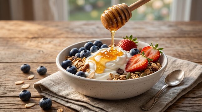 Realistic Healthy Breakfast Bowl with Fresh Fruit Granola Yogurt and Honey Food Photography