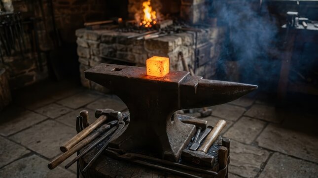 Glowing hot metal block on anvil with blacksmith tools around it. Old forge workshop with burning fire and smoke in background. Craftsmanship and traditional metalworking concept.