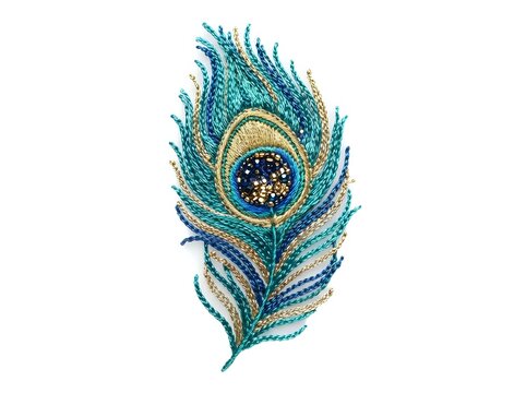 Turquoise and gold peacock feather with ornamental beading and jeweled eye detail on white background